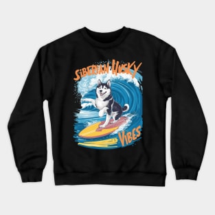 A smart, cute, and funny Siberian Husky dog riding a surfboard on top of a huge wave at a tropical island. Crewneck Sweatshirt